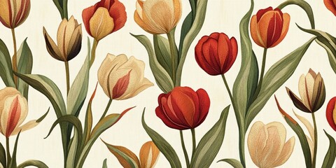 Obraz premium A vibrant collection of tulips blooms elegantly. These flowers display various colors such as red, orange, and cream. Perfect for spring themes or floral designs. 