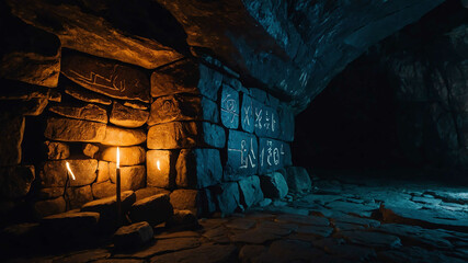 Glowing runes lighting up on a stone wall in a dark cave