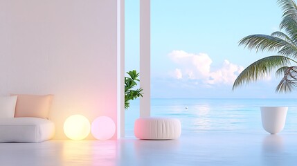 A sleek beach resort with interactive digital beach activities and neon-lit beachfront suites promoting coastal travel