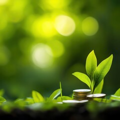 Fototapeta premium A vibrant close-up of green leaves growing from coins, symbolizing growth and sustainable investment in a lush, blurred background.