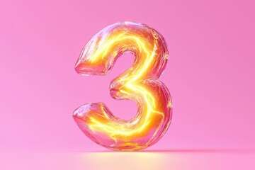 Naklejka premium A glowing number 3 is floating in the air on a pink background