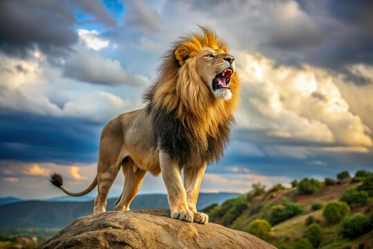 male lion roar on rock cliff in morning - Powered by Adobe