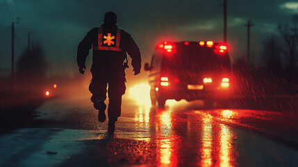 Emergency response scene at night with a paramedic running towards an ambulance in rainy weather. Dramatic and intense moment.
