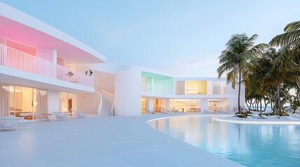 A sleek beach resort with interactive digital beach activities and neon-lit beachfront suites promoting coastal travel