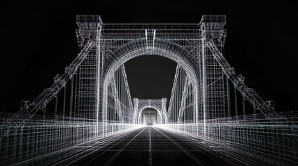 Intricate 3D wireframe blueprint of a high-tech bridge with curved design