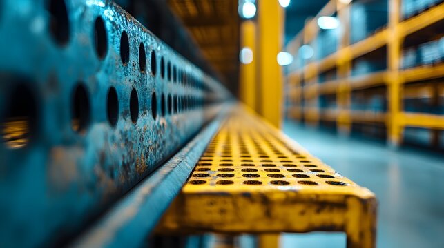 Macro shot of a metal pallet rack's structural design, capturing the texture of the steel and the precision of its assembly, soft lighting