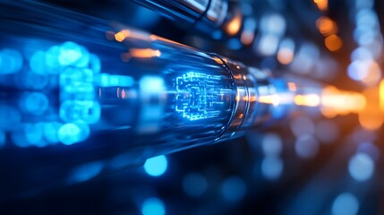 Medical instrument crafted from beryllium copper, glowing with neon blue accents, sterile surgical room, sleek and polished, detailed close-up, cyberpunk style