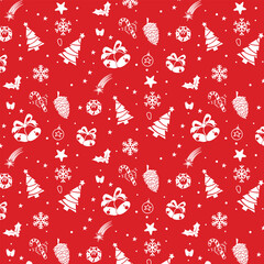Seamless Christmas Pattern filled with xmas decorations and icons on red background. For backgrounds, wrapping papers, prints, artworks.
