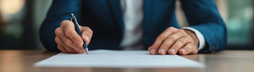 A professional man is focused on signing contract, showcasing attention to detail and commitment. setting reflects serious atmosphere, emphasizing importance of legal agreements
