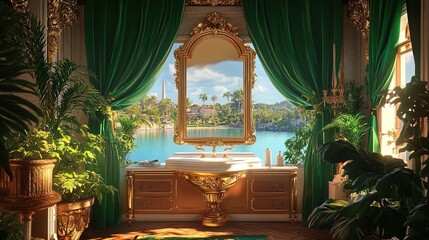 Luxurious Vanity Scene: Grand Golden Mirror & Pristine Basin - Perfect for a Sporty Interior Poster with Emerald Green Accents and Lakeside Resort Charm Under Sunny Skies!