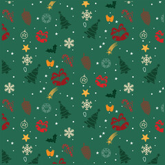 Seamless Christmas Pattern filled with xmas decorations and icons on green background. 