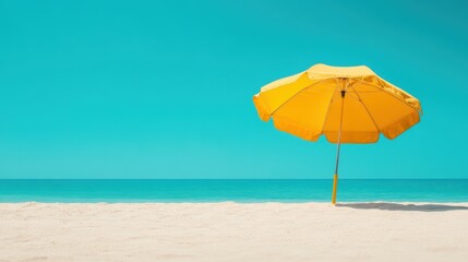 A vibrant yellow umbrella stands alone on a serene beach, contrasting beautifully with the turquoise sky and calm ocean waves.