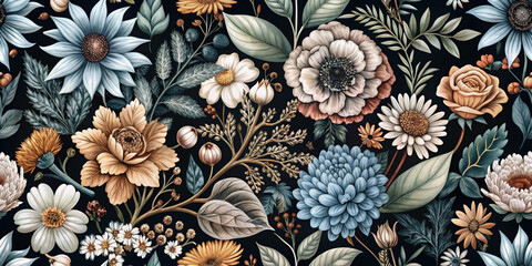 Fototapeta premium A detailed line-art illustration of various botanical flowers in earthy tones, perfect for wallpaper, textiles, or nature-inspired design projects