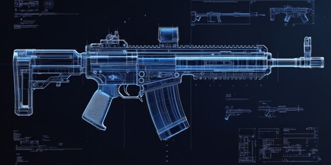 Detailed Blueprint Representation of a Modern Assault Rifle Showcasing Its Components and Design