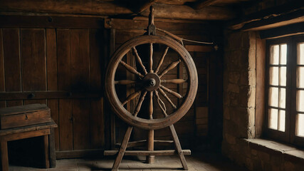 Obraz premium Old wooden spinning wheel sitting in a corner of a medieval room