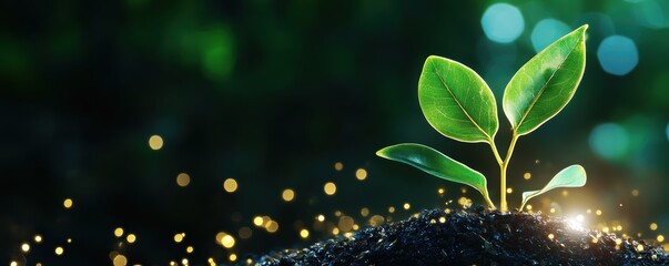 A young plant sprouting in rich soil, symbolizing growth and new beginnings in nature, illuminated by soft glowing lights.