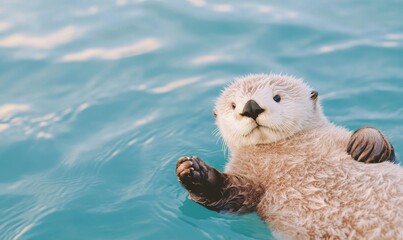 Fototapeta premium Playful Otter Floating on Its Back in Clear Blue Water on a Sunny Day