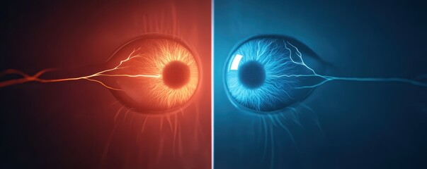 Abstract representation of two eyes, one red and one blue, showcasing contrasting energy and emotion through vibrant color.
