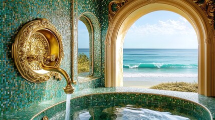 Luxurious Bathroom Bliss: Stunning Shower Faucet with Golden Designs and Emerald Tiles Framed by a Beach View - Perfect for Elevating Your Home Decor or as a Stylish Poster for Coastal Interiors!