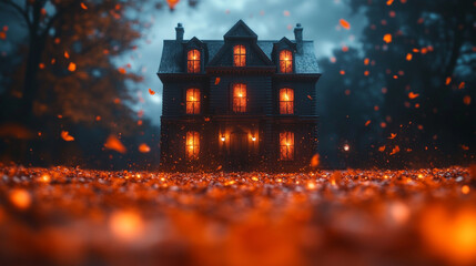 A hauntingly beautiful house illuminated by warm lights, surrounded by vibrant autumn leaves in a mysterious twilight setting.