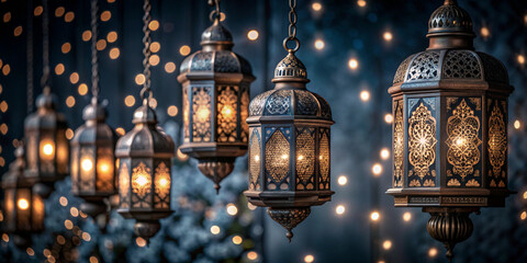 Obraz premium A festive background featuring hanging traditional lanterns with glowing lights, suitable for festive celebrations or traditional cultural designs