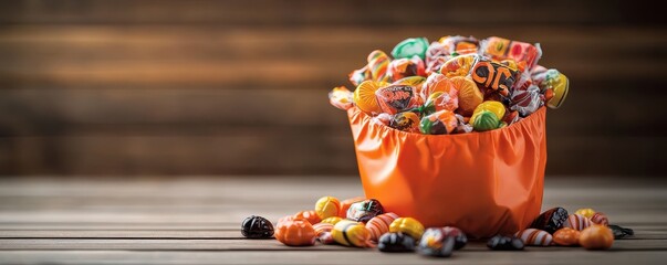 A vibrant orange bowl overflowing with colorful candies, perfect for autumn festivities and Halloween celebrations.