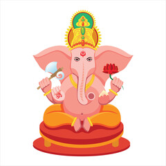 Lord Ganesha Illustration with Four Arms Holding Axe, Lotus, and Sweets on a Pedestal