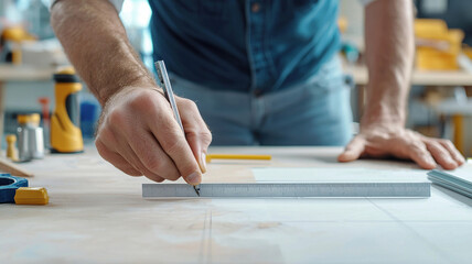 A workers hand is seen using ruler to measure precise dimensions on work surface, showcasing attention to detail and craftsmanship in workshop environment