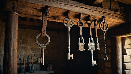 Rusty iron keys hanging from a wooden beam in a medieval castle