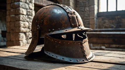 Rusty iron helmet resting on a wooden beam in a stone castle