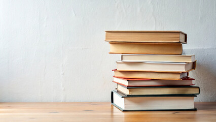 Stack of books or textbooks on wooden table against wall, copy space