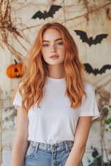 Fototapeta premium design mockup woman wearing white ironed blank tshirt and jeans with modern Halloween decor in the background