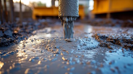 Concrete Pouring Process at a Construction Site During Golden Hour