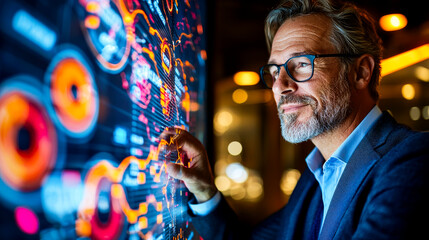 Data Driven Decisions: A mature, confident businessman in a suit and glasses analyzes data on a large interactive screen, highlighting the crucial role of analytics in modern business.