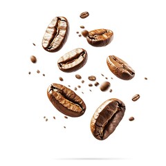 Coffee beans falling in the air isolated on a white background. Coffee beans flying. Generative Ai