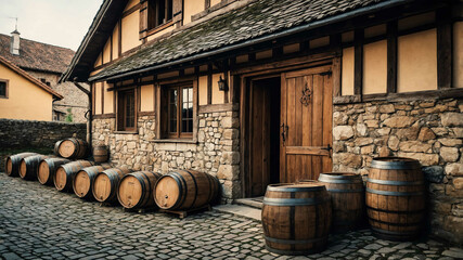 Wooden barrels stacked beside a stone cottage in a medieval village