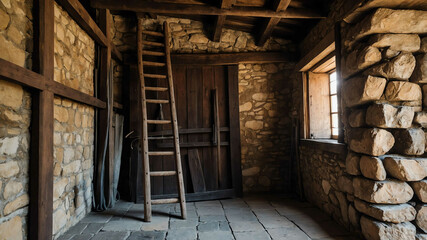Wooden ladder leaning against a stone wall in a medieval barn