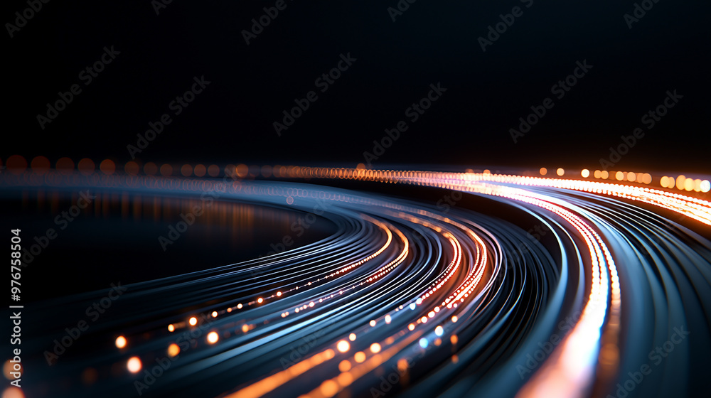 Poster A mesmerizing image of flowing light trails creates sense of movement and energy, showcasing vibrant colors against dark background. dynamic lines evoke feelings of speed and innovation