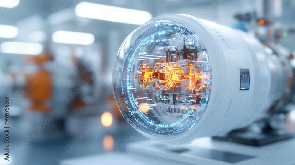 Poster A high tech factory showcasing advanced machinery with augmented reality features, emphasizing innovation and precision in manufacturing