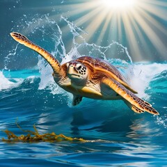 The image can be named Green Sea Turtle Swimming Underwater Near a Coral Reef