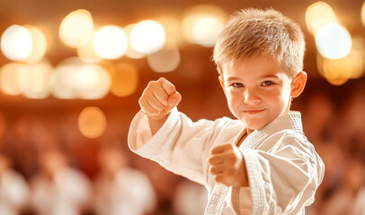 Little Champion: A young boy in a white karate gi, eyes focused and fists clenched, stands ready to strike, showcasing determination and martial arts spirit in a captivating image. 