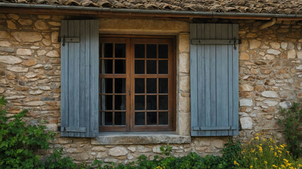Wooden shutters swinging open on a stone cottage in a quiet village © Arceli