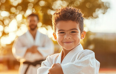 Young Karate Student: A young boy with a determined expression, wearing a traditional white karate uniform, gazes directly at the camera. 