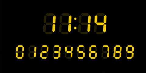 Yellow digital glowing numbers set for electronic devices LED screen isolated on black background. Vector Clock display, digital timer concept, glowing electronic figures, calculator numbers