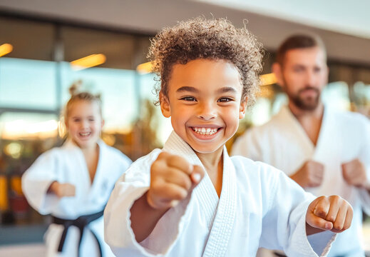 Smiling Karate Kid:  A young boy in a white karate uniform smiles brightly as he practices his martial arts moves with his instructor and classmate, showcasing a sense of confidence and focus.  