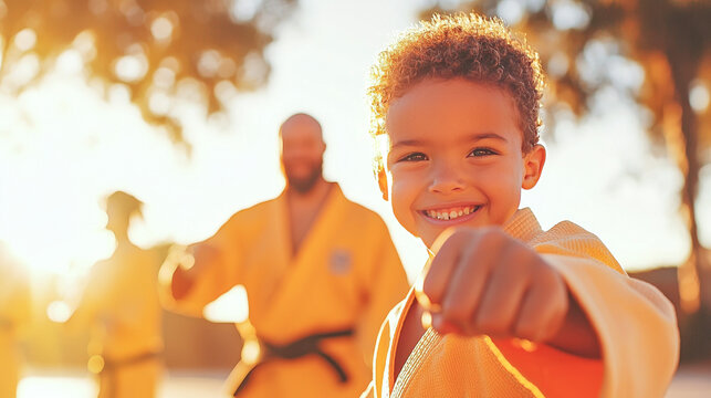 Smiling Karate Kid: A young boy in a yellow karate uniform smiles brightly as he practices his martial arts skills, with his instructor and fellow students in the background. The warm sunset glow adds