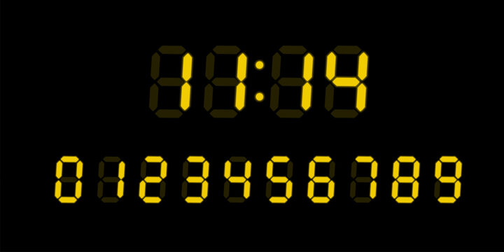 Yellow digital glowing numbers set for electronic devices LED screen isolated on black background. Vector Clock display, digital timer concept, glowing electronic figures, calculator numbers