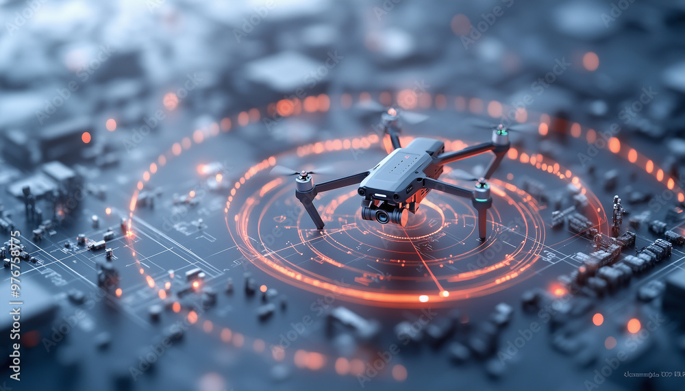 Poster a drone hovers above futuristic battlefield, surrounded by glowing circular radar display. intricate