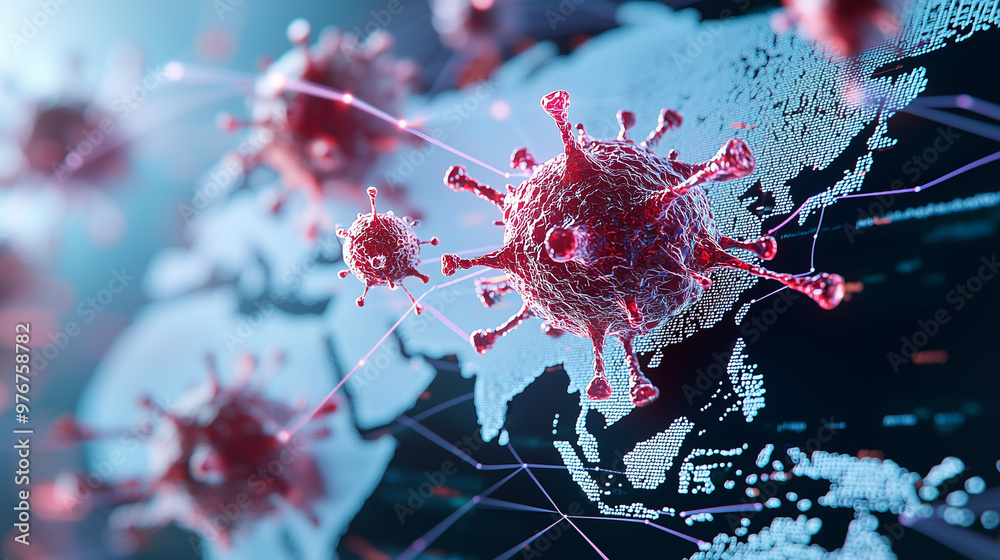 Poster image depicts futuristic representation of world map with glowing connections, featuring virus like structures prominently displayed. This visualization evokes sense of urgency and highlights global