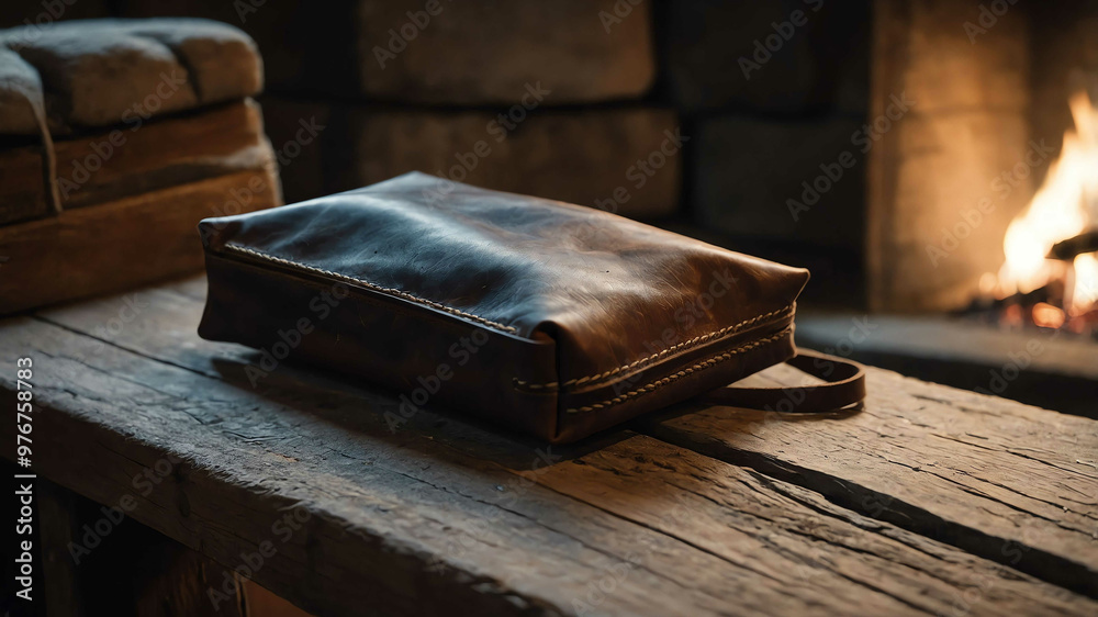 Wall mural Worn leather pouch lying on a wooden bench beside a stone hearth